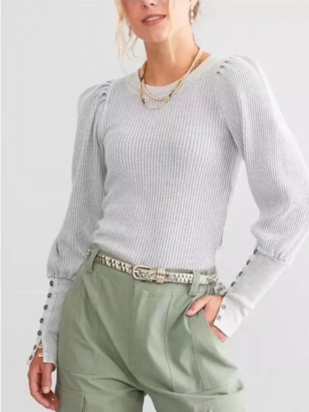 Free People One Wesley Thermal Top Long Sleeve Scoop Neck Blue Blouse-XS